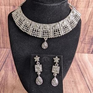 Silver rhinestone choker necklace with matching earrings